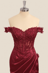 Wine Red Lace Formal Gown Off the Shoulder Breaded Mermaid Dress - MyChicDress
